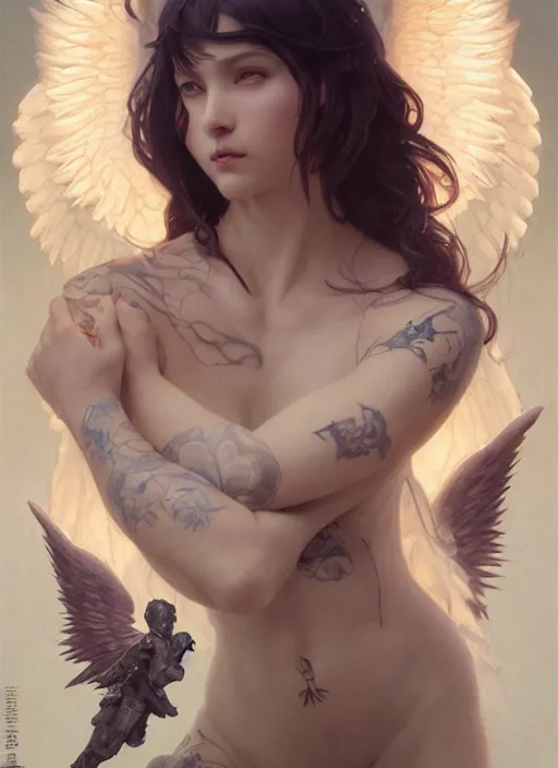 Image similar to beautiful angel with tattooes, intricate lights, bio luminescent, venomize, by ruan jia and artgerm and range murata and wlop and ross tran and william - adolphe bouguereau and beeple. key art. fantasy illustration. award winning, artstation, intricate details, realistic, hyperdetailed, 8 k resolution.