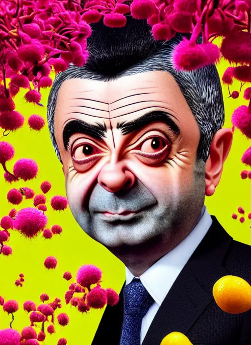 Image similar to hyper detailed 3d render like a Oil painting - kawaii portrait of Rowan Atkinson in Aurora seen Eating of the Strangling network of yellowcake aerochrome and milky Fruit and Her delicate Hands hold of gossamer polyp blossoms bring iridescent fungal flowers whose spores black the foolish stars by Jacek Yerka, Mariusz Lewandowski, Houdini algorithmic generative render, Abstract brush strokes, Masterpiece, Edward Hopper and James Gilleard, Zdzislaw Beksinski, Nicoletta Ceccoli, Wolfgang Lettl, hints of Yayoi Kasuma, octane render, 8k