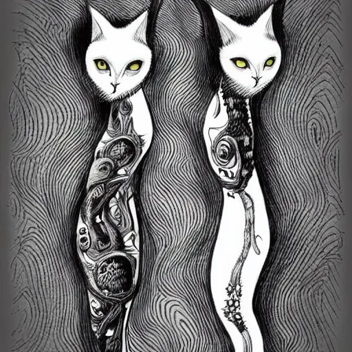 Prompt: black and white illustration creative design, two headed cat, body horror