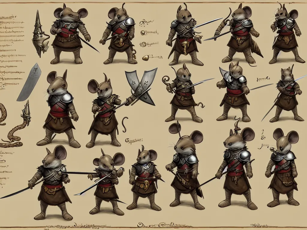 Image similar to character design sheet for a heroic mouse knight wearing a helmet with sword and shield on a parchment background, redwall, greg rutowski and jean baptiste monge, very very detailed, epic fantasy concept art