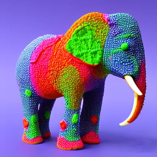 Image similar to Elephant made out of fruity pebble treats. Colorful skin, neon glow. Edible, 3d, three quarters view