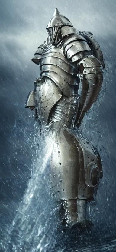 Image similar to suit of armor, made of water, made of liquid, rising up from ocean, water armor, high detail, high contrast, medium close up portrait, studio lighting, stormy seas, beautiful, bokeh, snowy, storm clouds, god rays, d & d, fantasy, elegant, aquamarine color palette, concept art, greg rutkowski and alphonse mucha