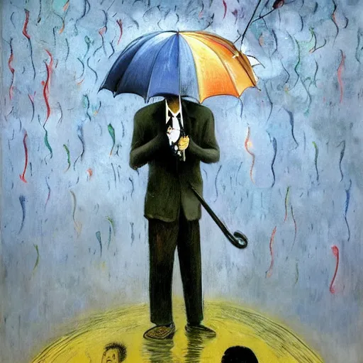 Image similar to a man holding an umbrella, a man holding an umbrella, a man holding an umbrella, a man holding an unmbrella, epic floral composition of deadly silence, intense emotion, powerful painting, gritty feeling, imagining a blissful fate, hope, anger, rage, willing, deconstructed, chaotic, expressive, neo-expressionism, by Francis Bacon, by Beksinski, by Abbas Kiarostami, by Kurosawa, by Hokusai, war photography, colorful, dreams, photojournalism