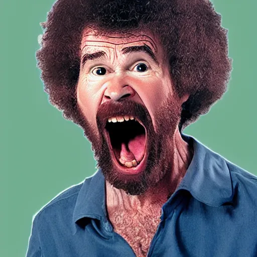 Image similar to angry screaming bob ross with a really long neck