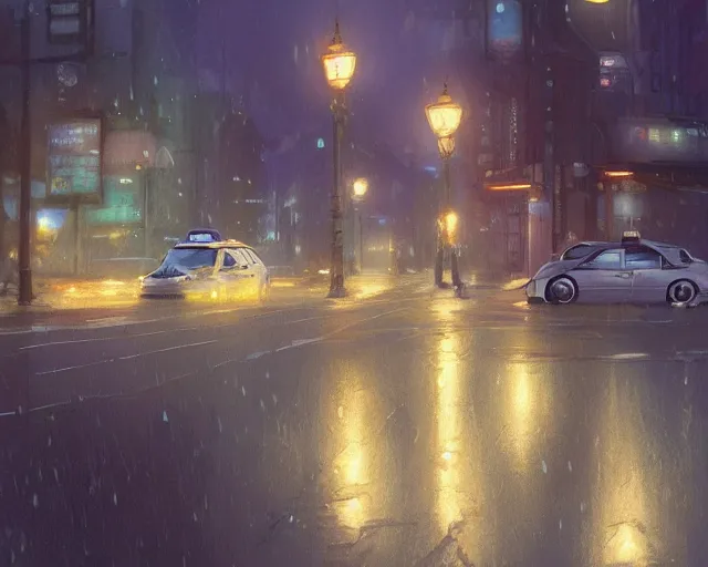 Image similar to one single taxi cab driving down a rainy country road, gaslight, street lamps. Anime, By Makoto Shinkai, Stanley Artgerm Lau, WLOP, Rossdraws, James Jean, Andrei Riabovitchev, Marc Simonetti, krenz cushart, Sakimichan, trending on ArtStation, digital art.