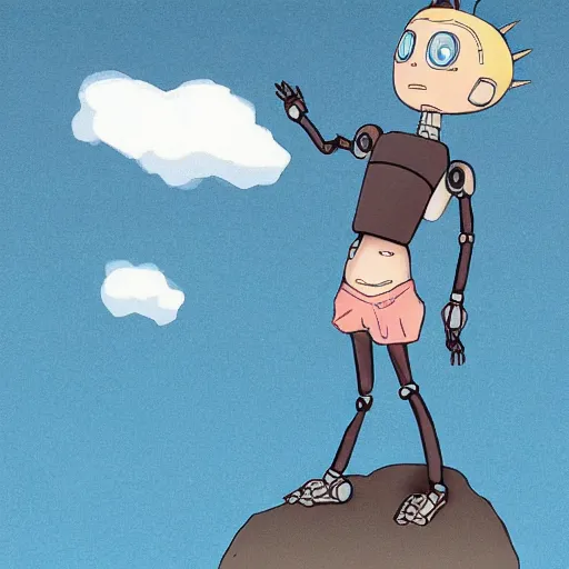 Prompt: A cute cartoon looking robot girl (or guy; your choice), standing and looking up at the sky. Illustration done in parody of works by Hayao Miyazaki.