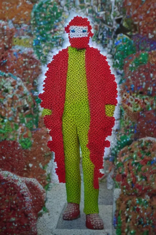 Prompt: a scene depicting a red haired character wearing a diy suit made from foam, pointillism, super detailed, beautiful light