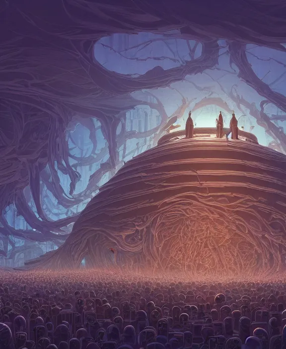 Image similar to an elegant, simple building made of viscera and body parts, crowds of people, by dan mumford, yusuke murata, makoto shinkai, ross tran, cosmic, heavenly, god rays, intricate detail, cinematic, unreal engine, cel shaded, featured on artstation, pixiv