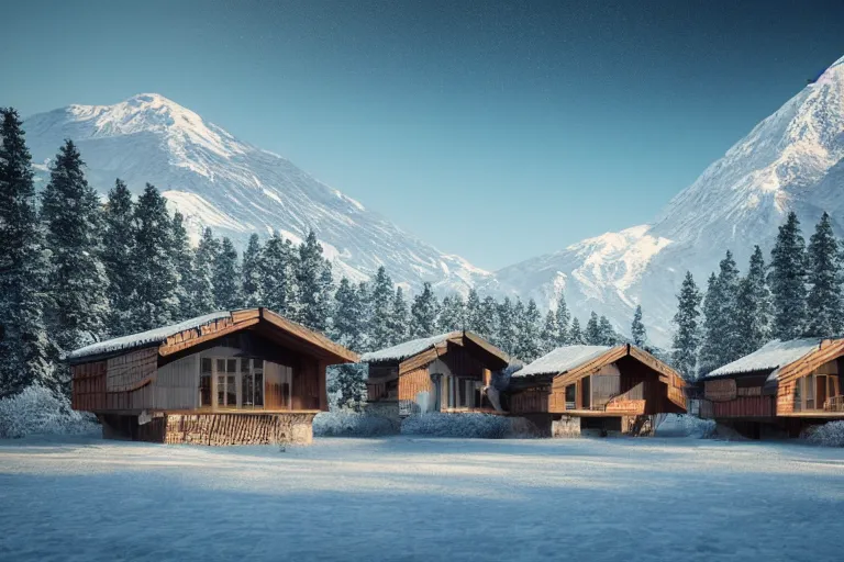 Image similar to futuristic cottage settlement with in the forest with Elbrus mountain covered by snow on the background, architecture, 3d render 8k , high details