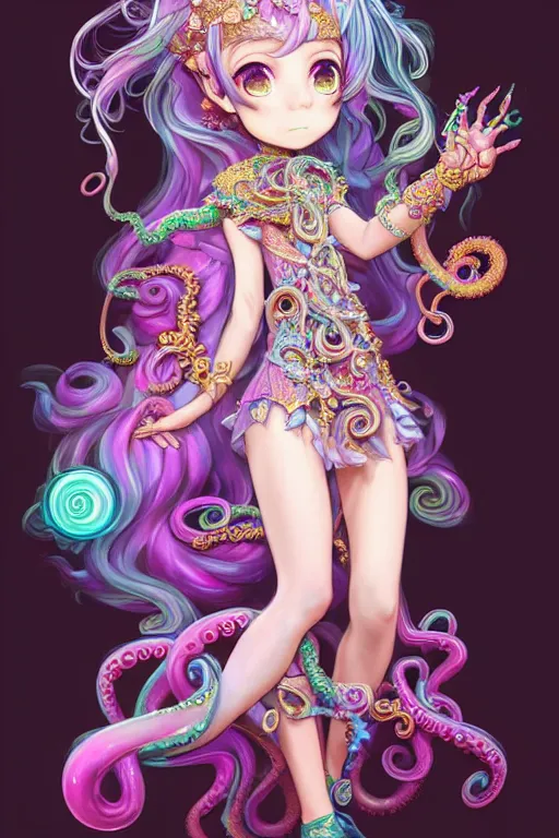 Image similar to A full body shot of a cute young magical girl wearing an ornate dress made of opals and tentacles. Chibi Monster GIrl. Subsurface Scattering. Dynamic Pose. Translucent Skin. Rainbow palette. defined facial features, symmetrical facial features. Opalescent surface. Soft Lighting. beautiful lighting. By Giger and Ruan Jia and Artgerm and WLOP and William-Adolphe Bouguereau and Loish and Lisa Frank. Fantasy Illustration. Sailor Moon. Masterpiece. trending on artstation, featured on pixiv, award winning, cinematic composition, dramatic pose, sharp, details, Hyper-detailed, HD, HDR, 4K, 8K.