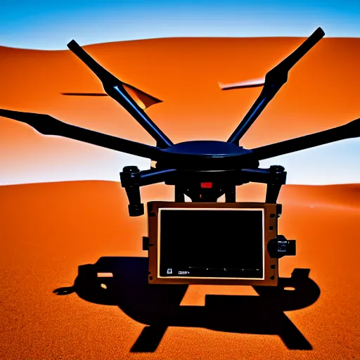 Image similar to sleek industrial drone for monitoring the australian desert, XF IQ4, 150MP, 50mm, F1.4, ISO 200, 1/160s, dawn, golden ratio, rule of thirds