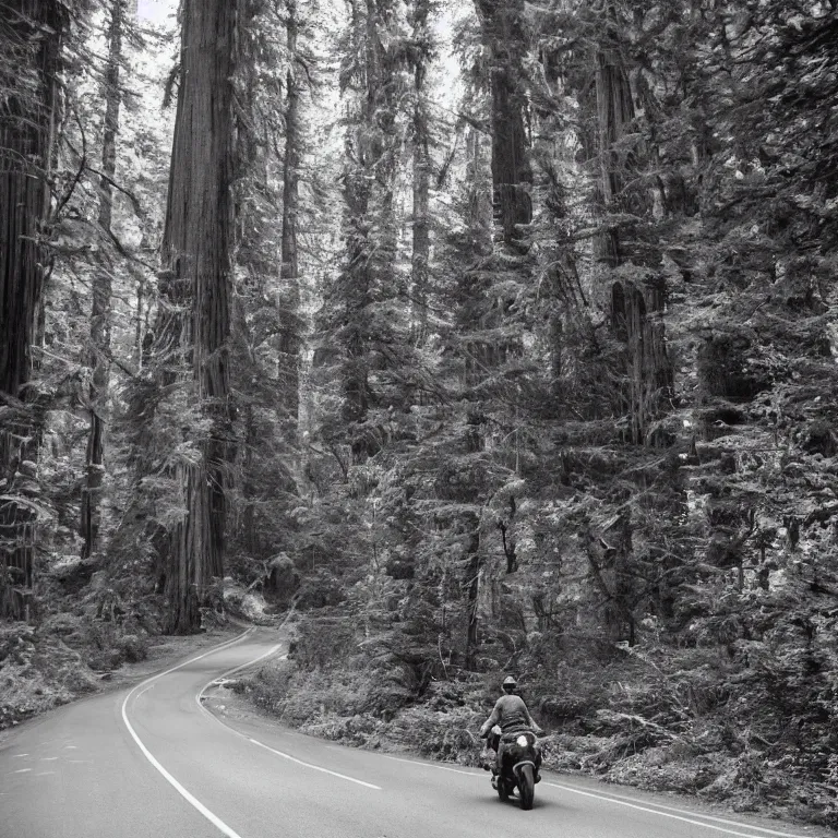 Prompt: a pinhole photograph of bigfoot riding a motorcycle through redwood national park