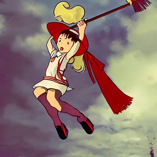 Prompt: a magic girl with red bow ， riding a broom ， flying in the sky ， miyazaki style
