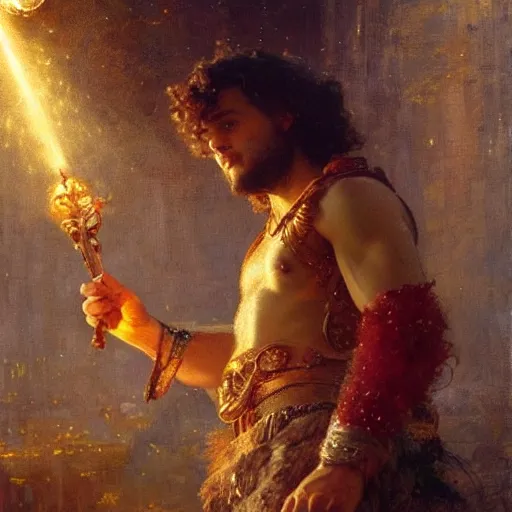 Image similar to a handsome young man with curly brown hair summons a ball of light into his hand. dramatic. cinematic. holy. saintly. demigod. lord of light. gaston bussiere. geoffroy thoorens