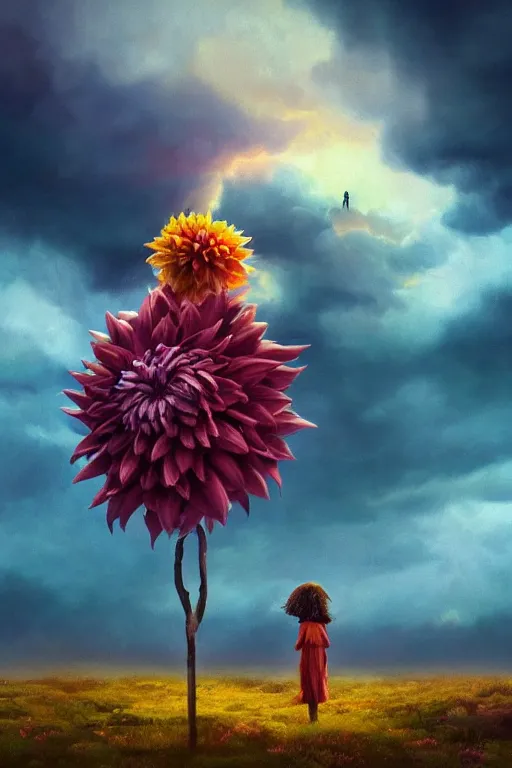 Image similar to closeup giant dahlia flower over the head, girl standing on mountain, surreal photography, blue storm clouds, dramatic light, impressionist painting, digital painting, artstation, simon stalenhag