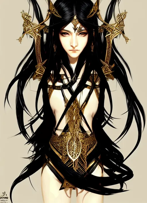 Prompt: Half body portrait of a beautiful elven healer with long straight black hair wearing ornate white and gold attire. In style of Yoji Shinkawa and Hyung-tae Kim, trending on ArtStation, dark fantasy, great composition, concept art, highly detailed, dynamic pose.