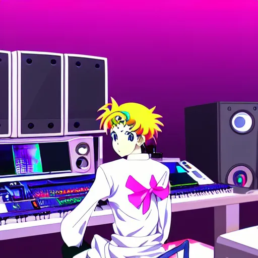 Image similar to An anime character working in their music studio. 90s anime, Sailor Moon, Neon Genesis, official art, flat cell shading, fantastic screenshot art, trending on artstation