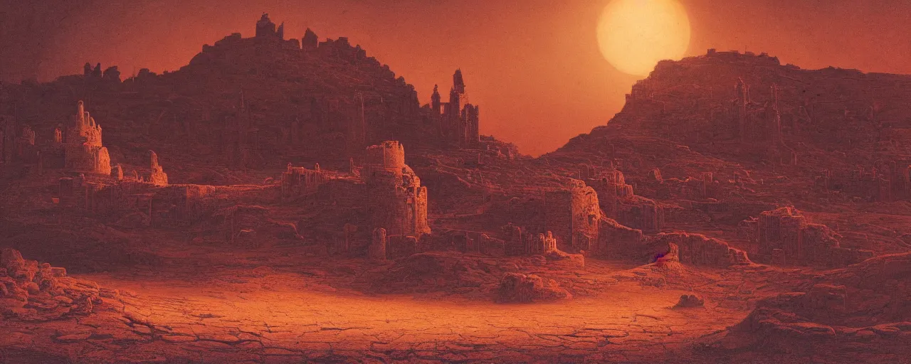 Image similar to ancient cities, castles, fortresses built by demigods aeons ago buried under time and sand on barren desert exoplanet illuminated by enormous red giant by James Gurney, by Caspar David Friedrich, by Zdiszslaw Beksinski and Alex Gray, hyperdetailed illustration with vivid palette