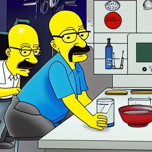 Prompt: walter white cooking meth in a laboratory in the style of the simpsons