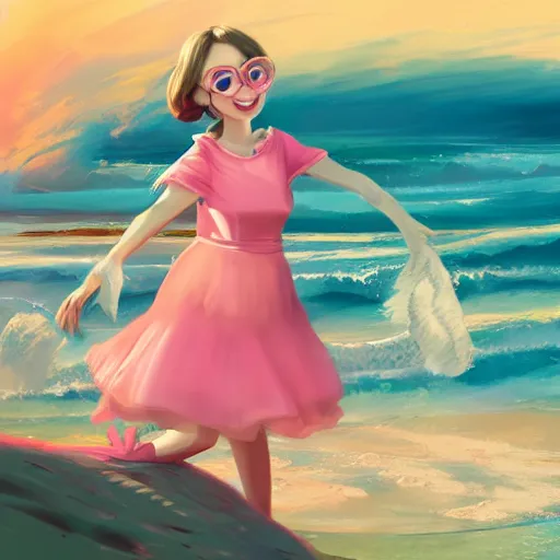 Image similar to a concept art of a sappy seal, happy, dressed in a pink dress, golden hour, beautiful, artstation trending, matte painting, 8 k