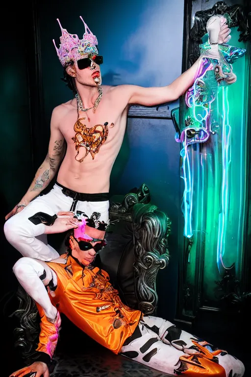 Image similar to full-body rococo and cyberpunk style neon statue of a young attractive Tanner Buchanan wearing cholo shades macho dotado e rico android sim roupa reclining con las piernas abertas e la piroca dura, ethereal white dripping tar, glowing orange lasers, pink tigers, glowing eyes, silver prince crown, black gears, pink diamonds, swirling mint-colored silk fabric. futuristic elements. full-length view. human skulls. large intricate artwork by caravaggio. Trending on artstation, octane render, cinematic lighting from the right, hyper realism, octane render, 8k, depth of field, 3D