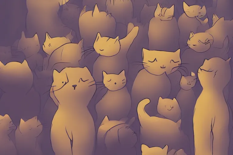 Image similar to cat standing on a rock in front of a crowd of cats, backlighting, digital art, trending on pixiv, fanart