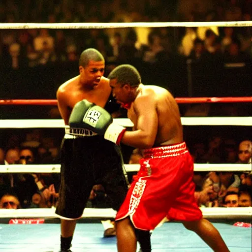 Prompt: jay - z and nas duke it out in a boxing ring madison square garden photo from 1 9 9 7