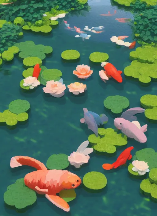 Image similar to pastel cute voxel art of a koi pond, behance, artstation, cute, Japanese, 3d render, unity, beautiful lighting, extremely beautiful, Huang Guangjian and Gil Elvgren and Sachin Teng , Greg Manchess