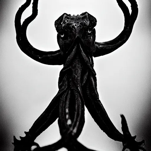 Image similar to a black and white photo of a lovecraftian creature