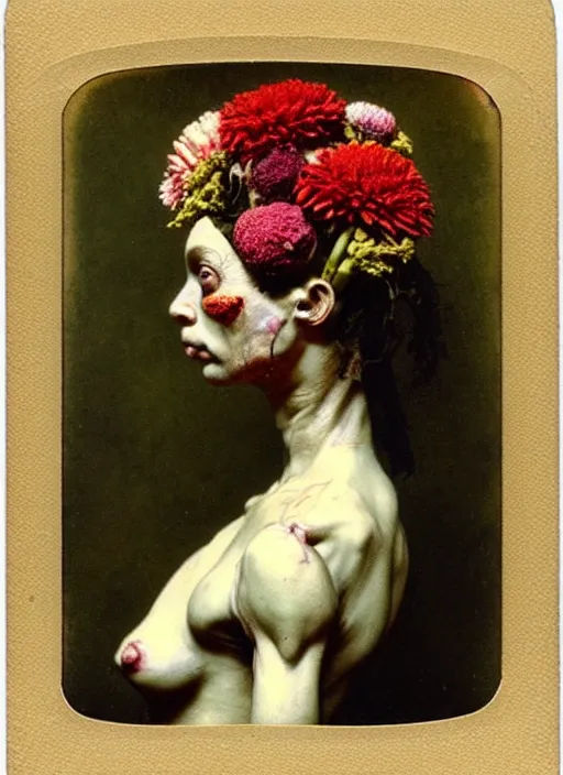 Image similar to beautiful and detailed rotten woman made of plants and many types of flowers like carnation, chrysanthemum and tulips, muscles, intricate, organs, ornate, surreal, john constable, guy denning, gustave courbet, caravaggio, romero ressendi 1 9 1 0 polaroid photo