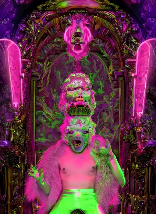 Image similar to photo of baroque and bladerunner delicate neon diamond sculpture of ceramic seductive albino prince diego villarreal rock and roll sticking tongue out, creamy pink iridescent humanoid deity wearing tiger fur hoody holding diamond skull in a green metallic dungeon, reclining, glowing rainbow face, crown of white diamonds, cinematic lighting, photorealistic, octane render 8 k depth of field 3 d