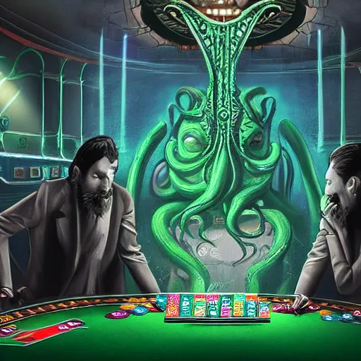 Image similar to digital art of cthulhu playing in a casino, realistic, highly - detailed, artstation cgsociety masterpiece