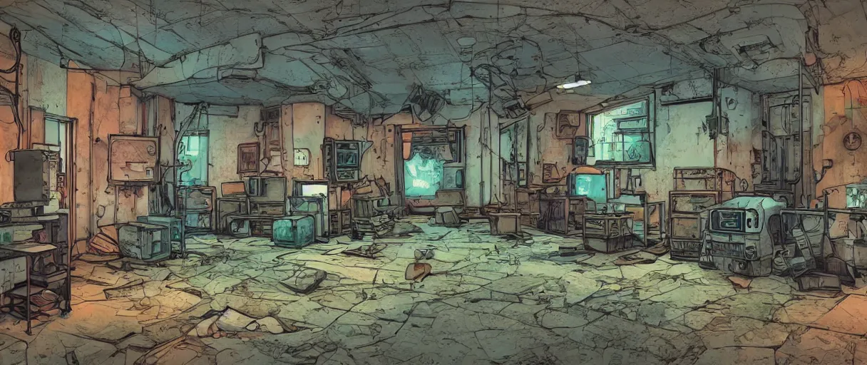 Image similar to abandoned laboroatory from cold war era, room full of cold war era computers, faded out colors place mosquet painting digital illustration hdr stylized digital illustration video game icon global illumination ray tracing advanced technology that looks like it is from borderlands and by feng zhu and loish and laurie greasley, victo ngai, andreas rocha, john harris