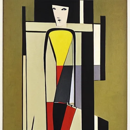 Prompt: a 1912 modernist painting by Marcel Duchamp of a woman walking downstairs, depicting motion by successive superimposed images. Cubist. Futurist.