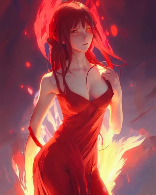 Image similar to beautiful anime girl, lake, red, flames everywhere, highly detailed, digital painting, artstation, concept art, smooth, sharp focus, illustration, art by artgerm and greg rutkowski and alphonse mucha