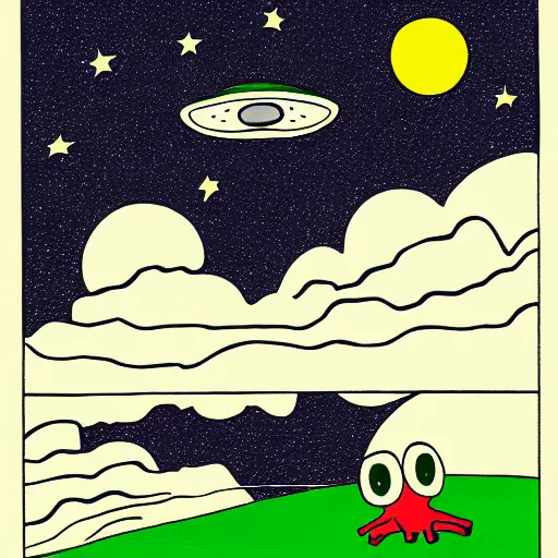 Prompt: ufo abducting pepe the frog from pasture with multiple cows in background during summer night by patrick nagel.