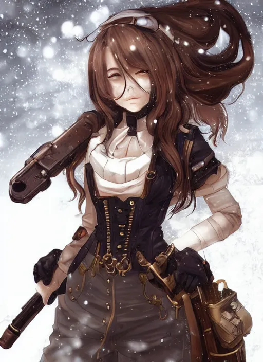 Image similar to girl with steampunk weapons and uniform, mad, intense, finely detailed, made by artgerm, ross tran, full body portrait, illustration, snow, snowing, cloudy, anime, side view, perfect anime face, realistic face, zoomed out, smooth, brown eyes, high waisted shorts