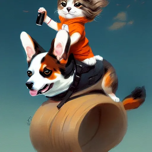 Image similar to tiny cat girl riding on the back of a giant corgi by greg rutkowski