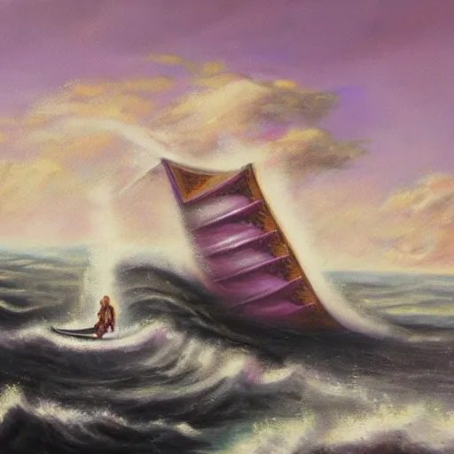 Image similar to an oil painting of a giant purple hand, coming out of the ocean, holding a viking ship