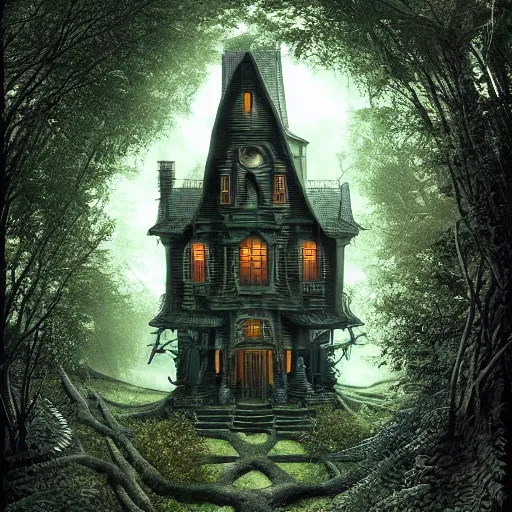 Prompt: [ dark house ] stands in the middle of a tumultuously overgrown forest trending on artstation cgsociety contest winner award winning 4 k intricate detailed golden ratio!!