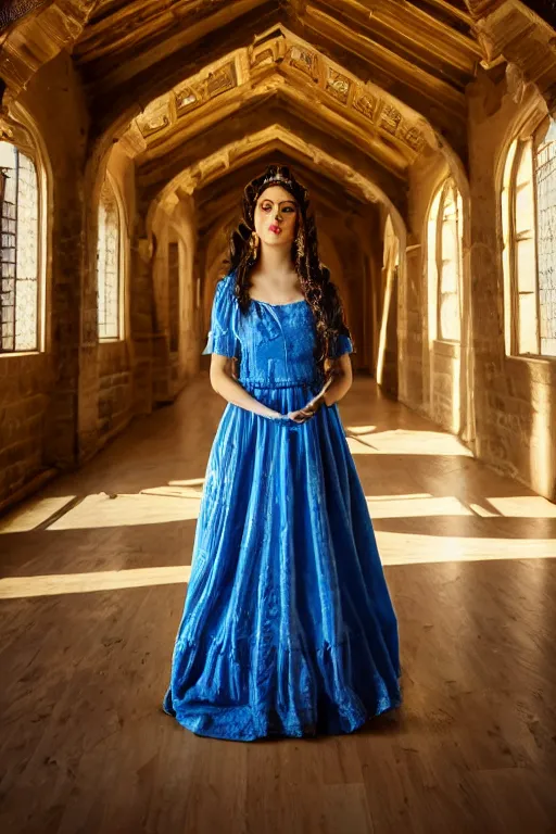 Prompt: a photo of a beautiful young Persian princess wearing a traditional blue dress, standing in a large empty hall, lit from above with vaulted ceilings and high windows. Photorealistic.