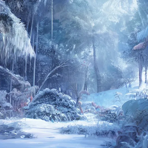 Prompt: Snowy place in the middle of the jungle, 8k, detailed, concept art, trending on artstation