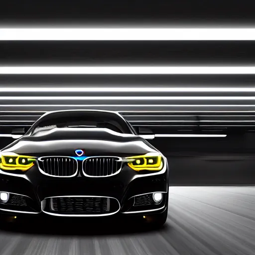 Image similar to product shot of a black BMW, black background, neon lights, octane render, motion blur, bokeh