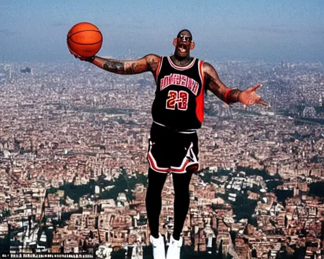 Prompt: dennis rodman t-posing in the air like jordan. he is flying over the city like a delicate little dove. he looks at the camera with intent to kill the viewer