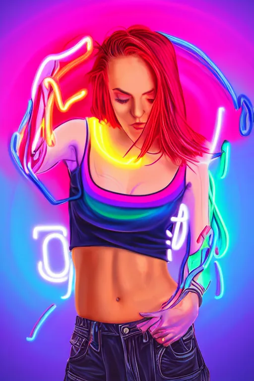 Image similar to a award winning half body portrait of a beautiful woman with stunning eyes in a croptop and cargo pants with rainbow colored ombre hairstyle head in motion and hair flying by thomas danthony, surrounded by whirling illuminated neon lines, outrun, vaporware, shaded flat illustration, digital art, trending on artstation, highly detailed, fine detail, intricate