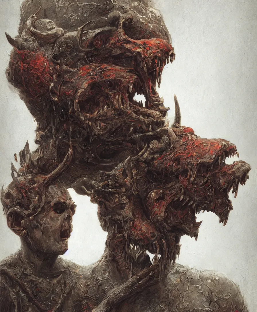 Image similar to bust portrait close up devil holding skull on hand, illustrated by Simon Stålenhag and Gaston Bussiere, intricate, ultra detailed, photorealistic, trending on artstation