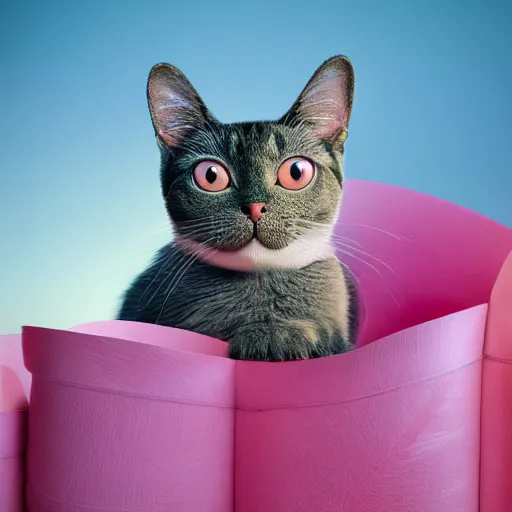 Image similar to a pink cute cat with big ears and big eyes, zeiss lens, detailed, symmetrical, centered, fashion photoshoot, by Annie Leibovitz and Steve McCurry, David Lazar, Jimmy Nelsson, Breathtaking, 8k resolution, extremely detailed, beautiful, establishing shot, artistic, hyperrealistic, beautiful face, octane render