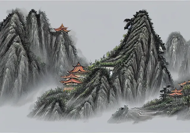 Image similar to ancient Chinese beautiful landscape mode concept art high realism