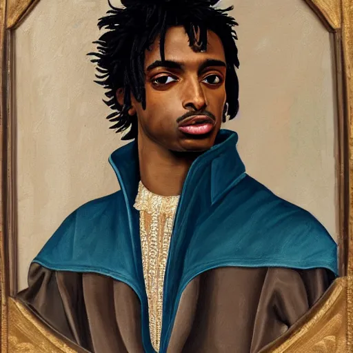 Image similar to a renaissance style portrait painting of playboi carti