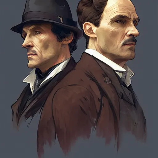 Prompt: [Sherlock Holmes and Watson as GTA characters, intricate, elegant, graphic detail, digital painting, trending on artstation, concept art, tonalism, sharp focus, illustration, art by Miguel Vasquez and Greg Rutkowski and Alphonse Mucha]